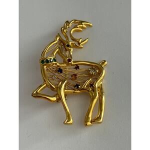 Vintage Reindeere Brooch Pin Gold Tone Rhinestones